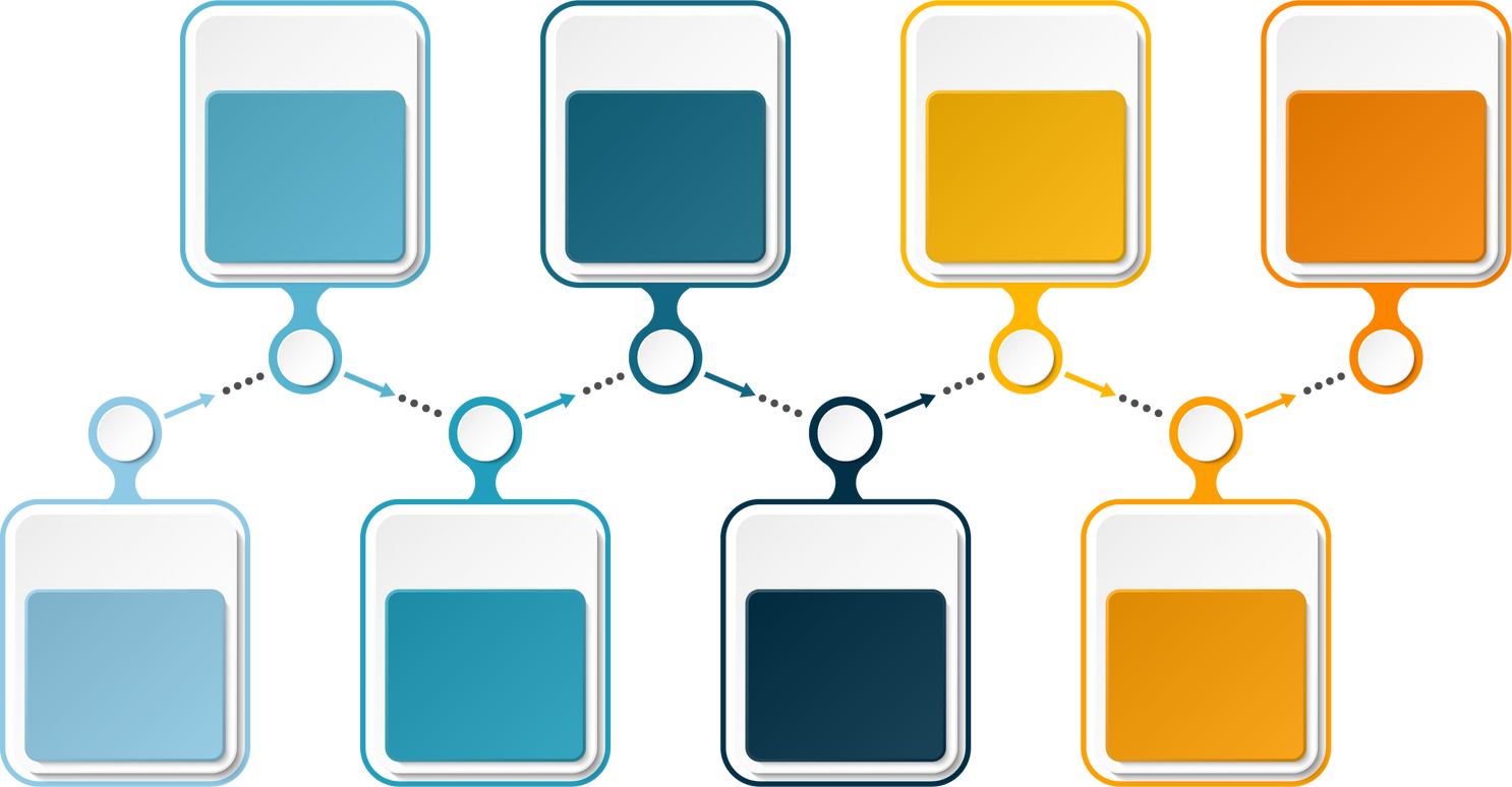 Horizontal timeline or flowchart with eight square elements and space for data. Concept of 8 successive steps of company process.